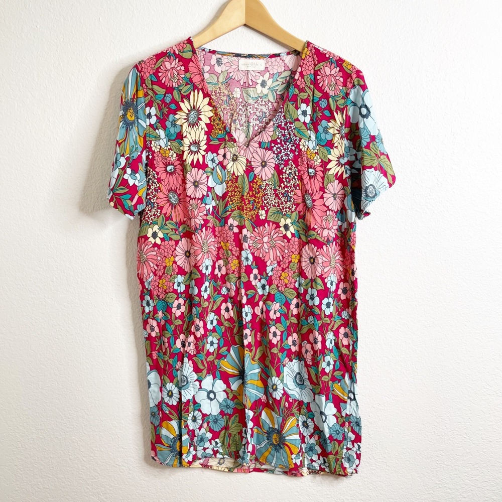 Natural Life Womens Small Floral V-Neck Short Sleeve Rayon Tunic Top‎ Multicolor